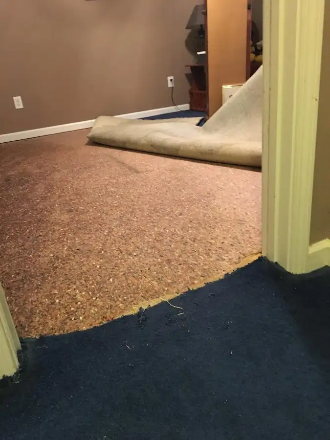 Carpet pad removal revealing water damage during Water Mitigation Services in Commerce City